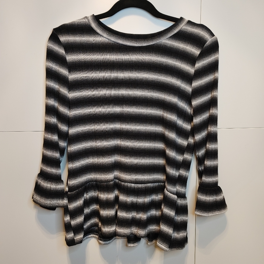 Striped Babydoll Peplum Top Black Gray 3/4 Sleeve Fit Flare Blouse S NWT - Picture 6 of 8